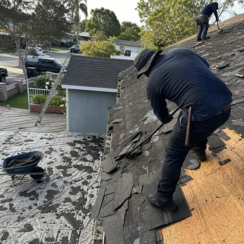 Professional roofer removing old shingles from a residential rooftop for renovation