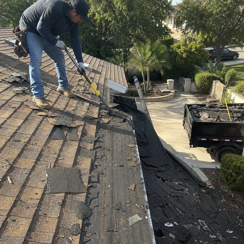 Roofing professional performing a roof inspection and shingle tear-off