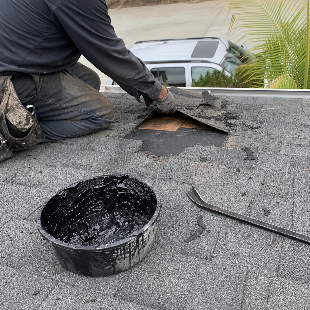 Professional roofer applying sealant to repair asphalt roof shingles.