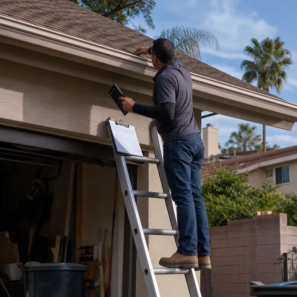 Roofing contractor inspecting a residential roof while standing on a ladder.