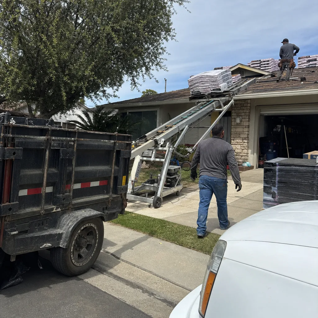 Roofing crew using a conveyor lift to move shingles onto a roof