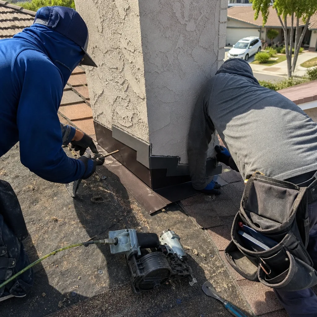 Roofers installing metal chimney flashing on a residential shingle roof